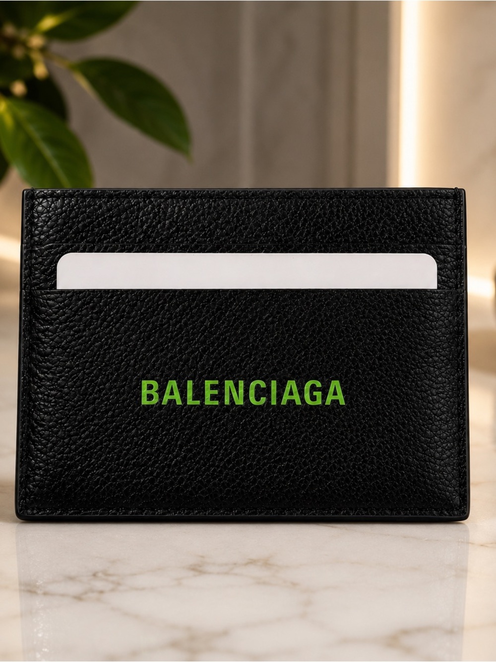 Balenciaga Logo Print Leather Card Holder Black & Neon Green NWOT